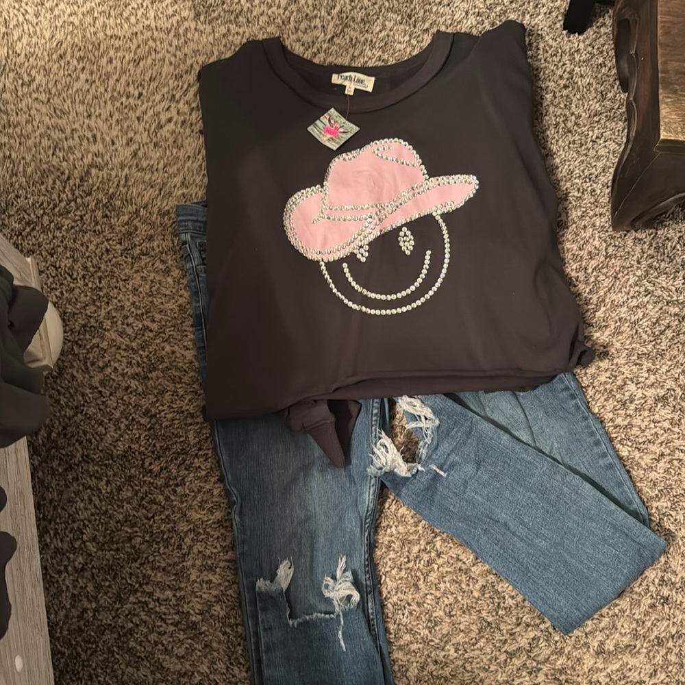 Smiley cowgirl rhinestone cropped sweater